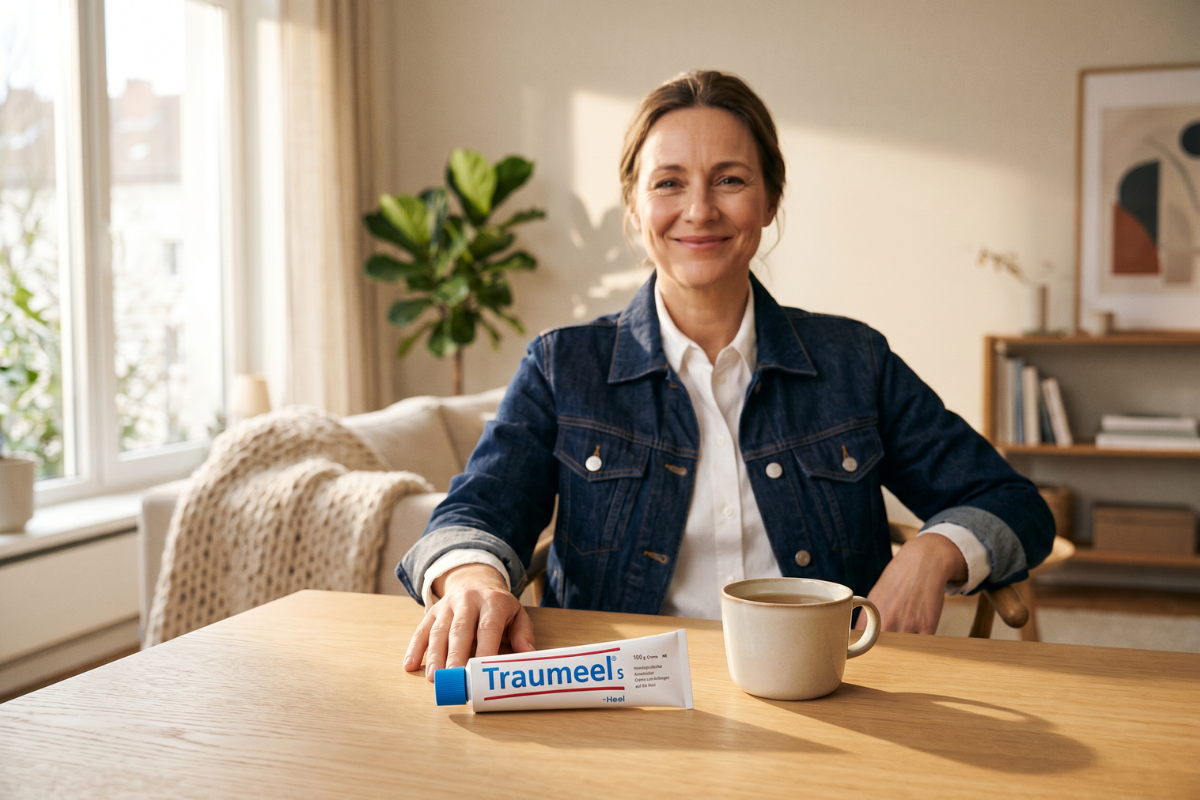 En stor hvid tube med Heel Traumeel Salve. Etiketten har det klassiske kliniske design med et bl�t og r�dt farvetema. Tuben er p� 100 gram og har et bl�t skruel�g.