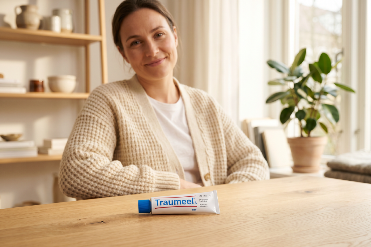 En hvid tube med Heel Traumeel Salve. Etiketten har det klassiske kliniske design med et bl�t og r�dt farvetema. Denne praktiske tube indeholder 50 gram salve og har et bl�t skruel�g.