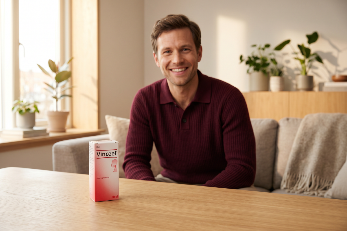 En m�rk apotekerflaske af glas udstyret med en hvid, rektangul�r spraydyse til mund- og halsapplikation. Ved siden af flasken st�r den hvide og r�de �ske. Navnet Vinceel st�r tydeligt skrevet p� b�de �ske og flaske, produceret af den tyske virksomhed Heel.