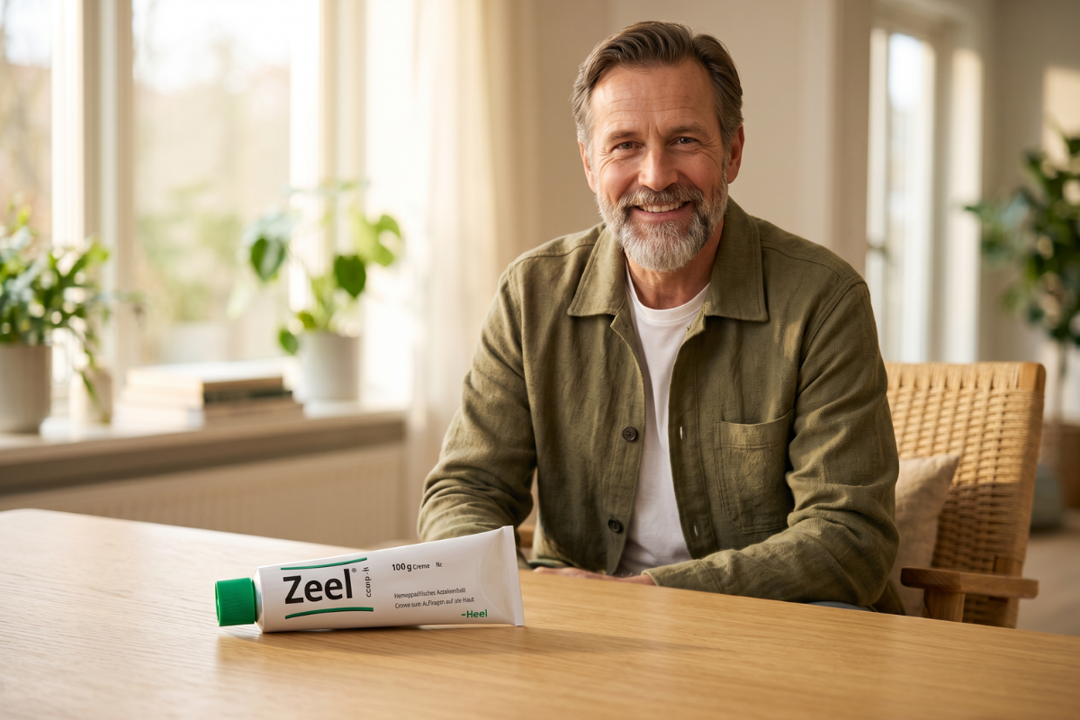 En stor, hvid tube med Heel Zeel Salve og dens tilh�rende �ske. Etiketten har et skarpt og klinisk design med m�rkegr�nne detaljer og det velkendte Heel-logo. Tuben indeholder 100 gram.