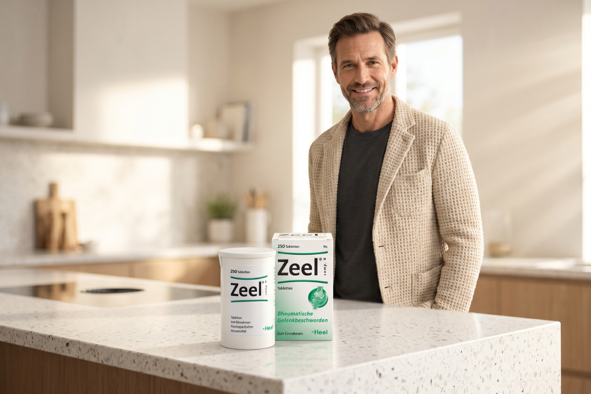 En stor, hvid og cylinderformet pilled�se og dens tilh�rende hvide �ske. Navnet Zeel comp. st�r tydeligt skrevet p� begge dele med m�rkegr�nne detaljer, produceret af tyske Heel. D�sen indikerer klart, at der er tale om den store udgave med 250 tabletter.