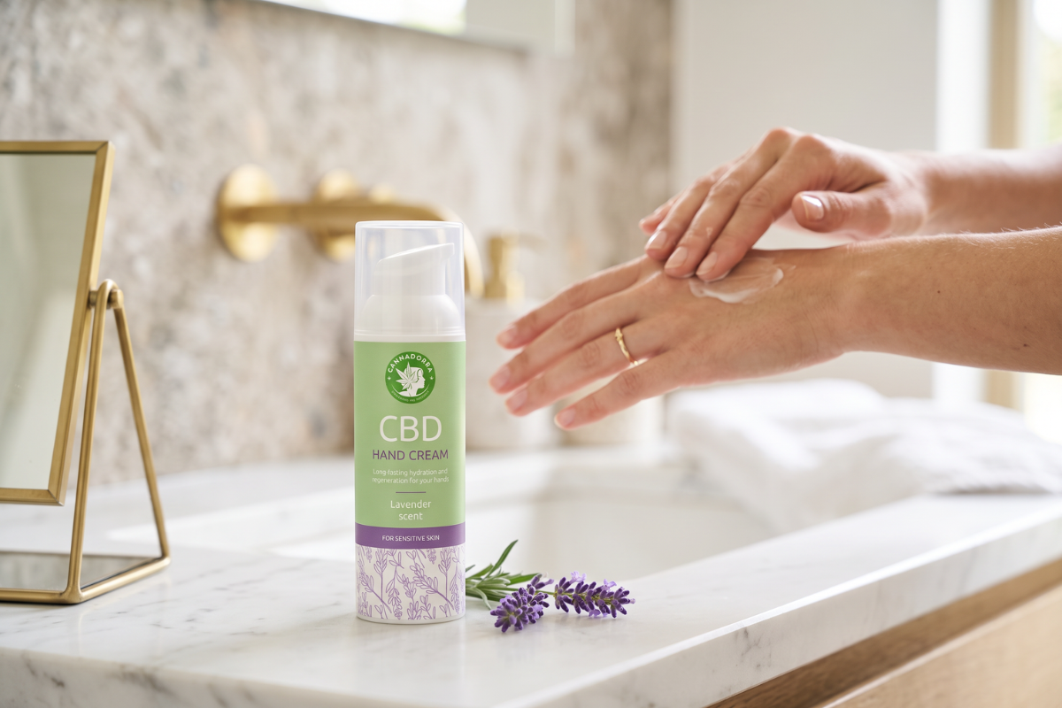 Cannadorra CBD Hand Cream - Lavendel. En praktisk flaske med pumpe, holdt i lysegr�nne og svage lilla farver, der signalerer hamp og lavendel.