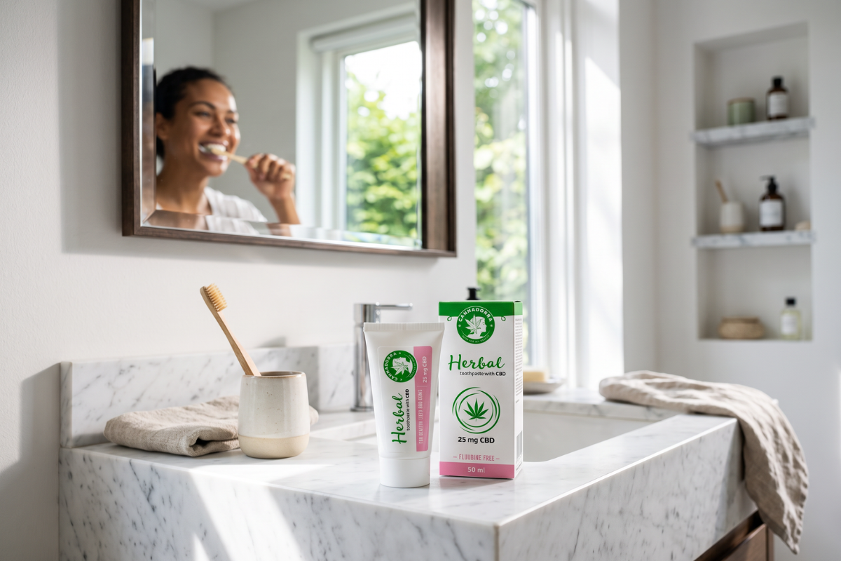 Cannadorra Herbal Toothpaste with CBD. En hvid �ske og tube med gr�nne og lyser�de detaljer, samt teksten 25 mg CBD.