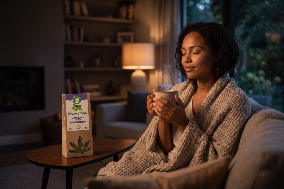 Cannadorra Good Sleep Hampete med humle i papirspose med lilla banner og udsk�ret hampblad.