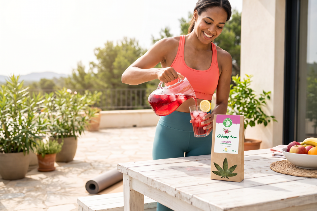 Cannadorra Slim Lines Hampete med hibiscus i papirspose med lyser�dt banner.