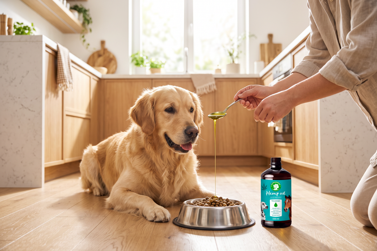 Cannadorra koldpresset hampfr�olie til dyr � 500 ml i m�rk flaske.