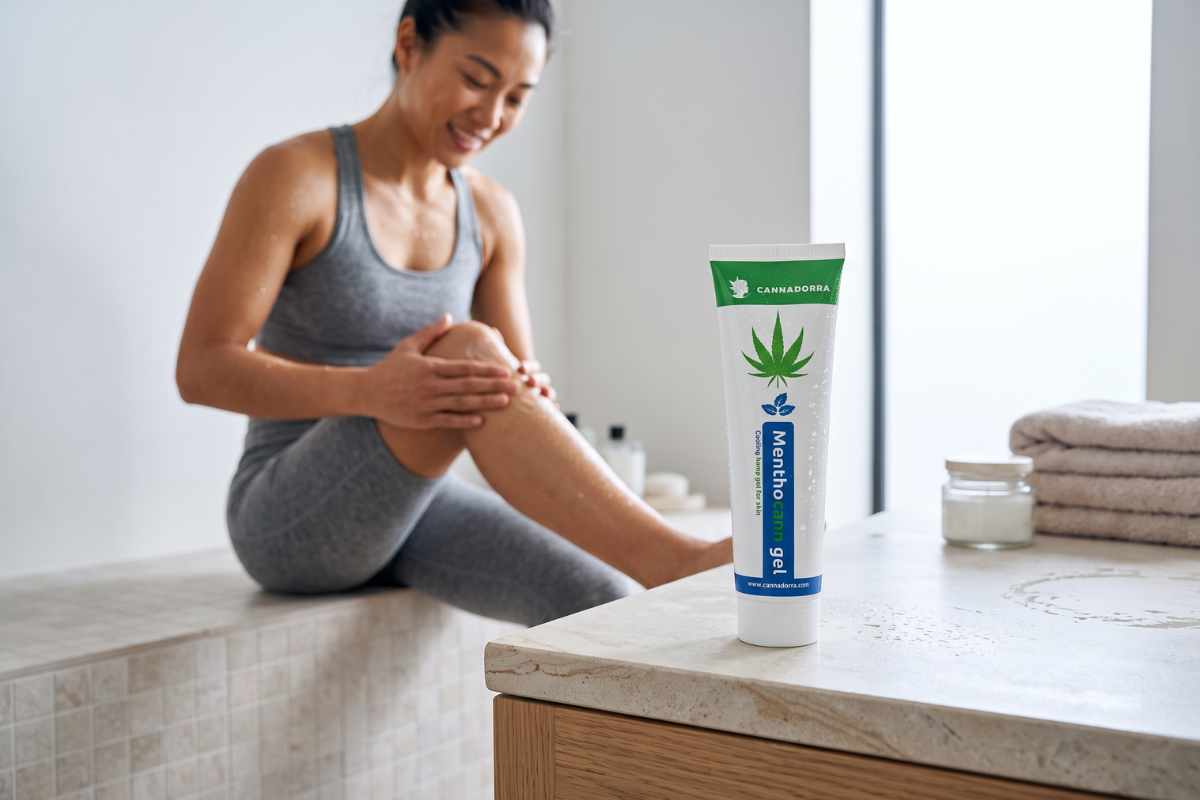 Cannadorra Menthocann gel tube 100ml, hvid tube med gr�nne hampblade og bl� tekst.