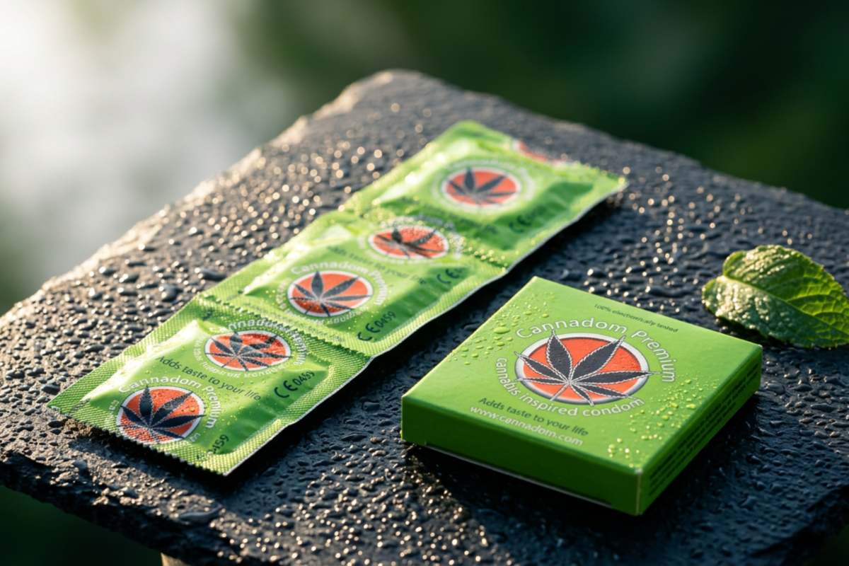 Cannadom Marijuana Flavored Condoms pakke med 3 stk premium latex kondomer med cannabis aroma