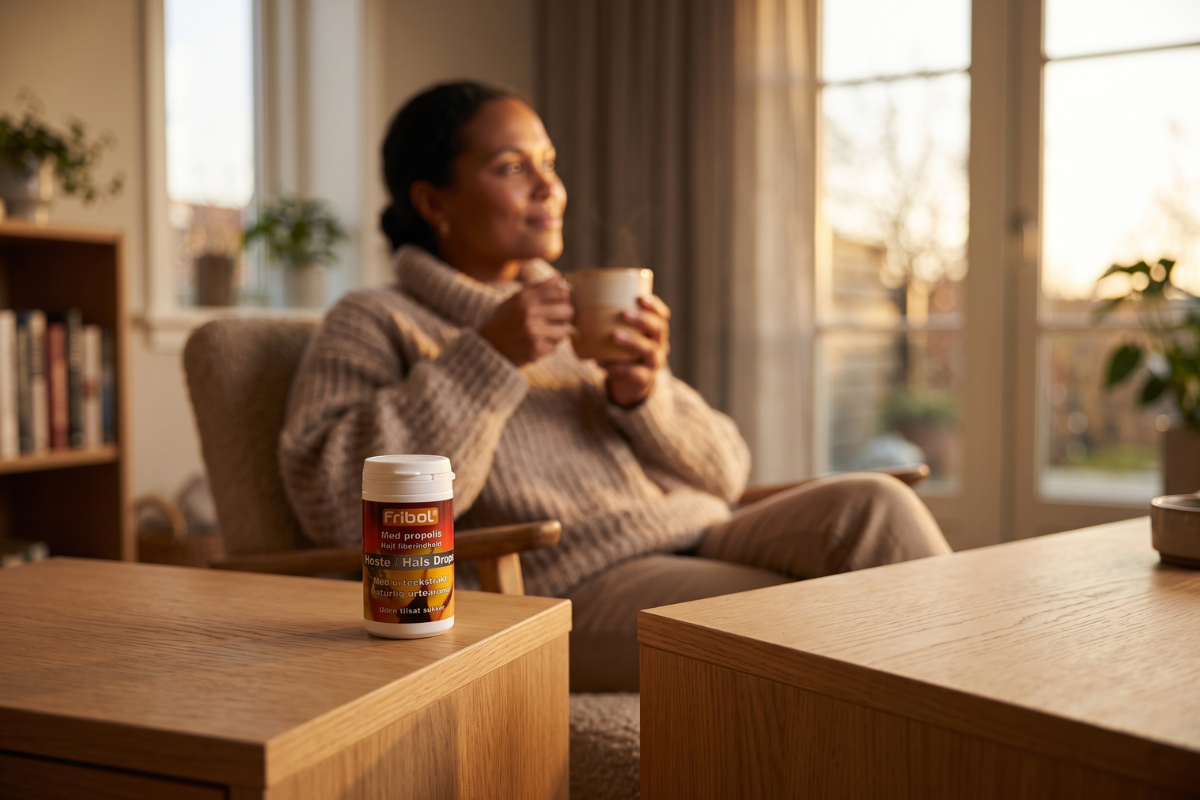 Fribol Hoste/Hals Drops Med propolis. Hvid d�se med en ravfarvet og r�dlig etiket, et orange Fribol-logo og afbildning af en bi.