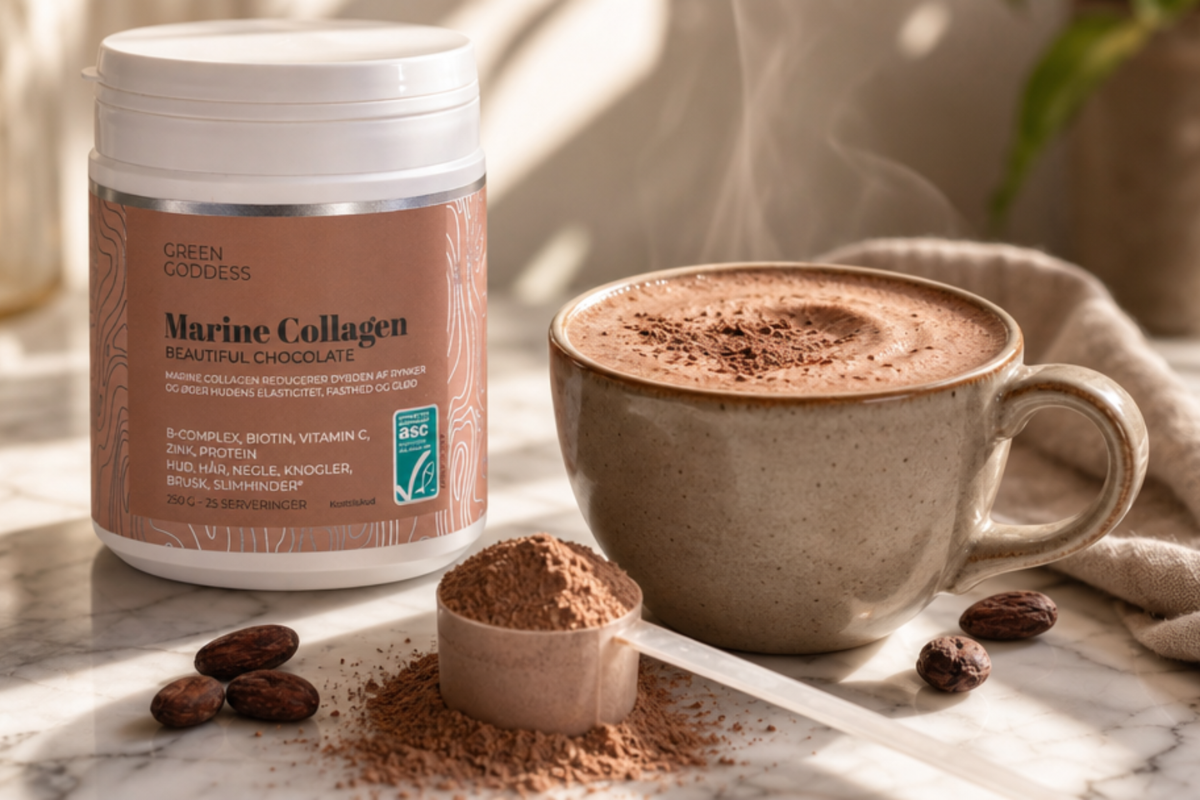 Green Goddess Marine Collagen Beautiful Chocolate 250g d�se. Vinder af �rets Inner Beauty 2024 med kakao, zink og B-vitamin pr�senteret p� shoppen.