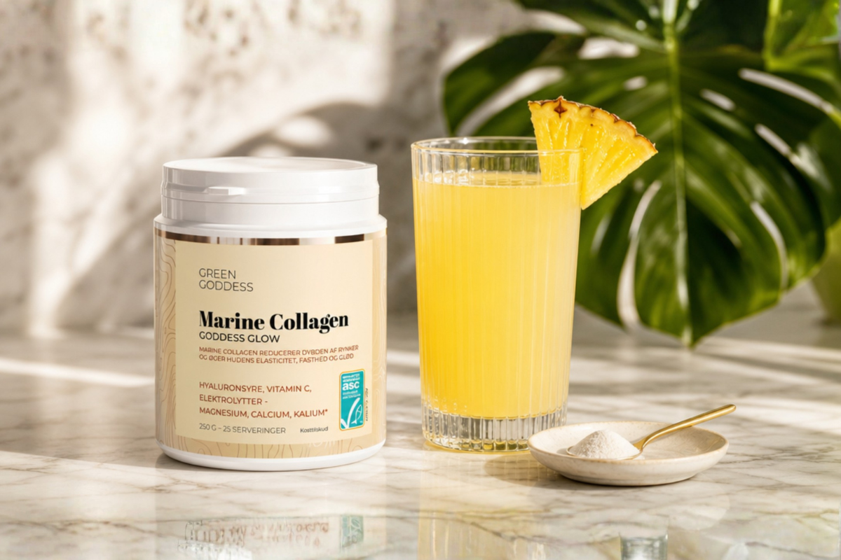 Green Goddess Marine Collagen Goddess Glow 250g d�se med ananas smag og hyaluronsyre.