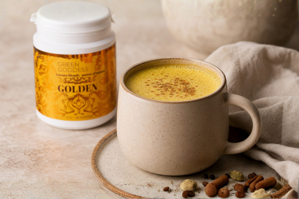 Green Goddess Golden Blend 75g b�tte til vegansk gurkemeje latte pr�senteret p� shoppen.