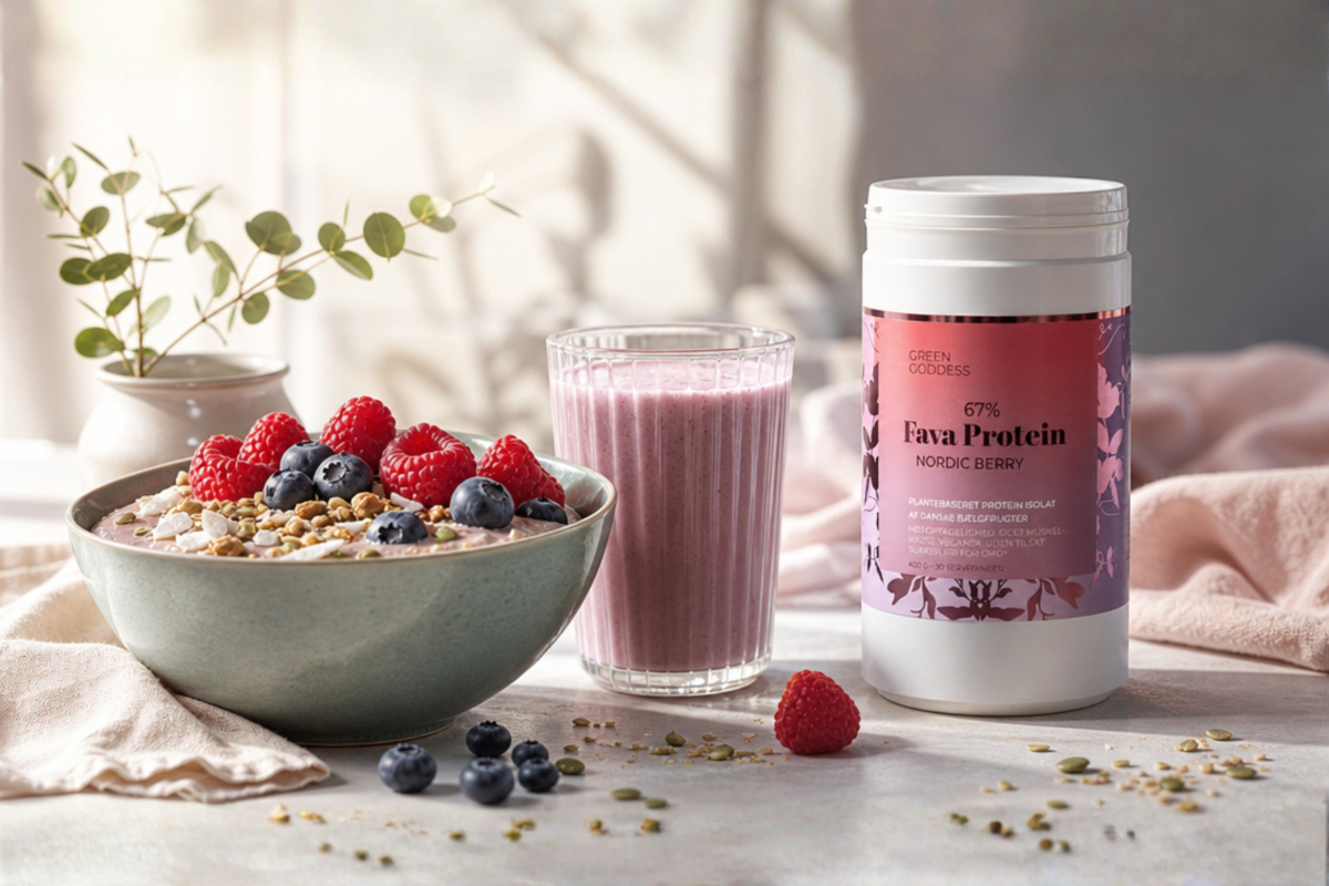 Green Goddess Nordic Berry Fava Protein 400g vegansk proteinpulver fra danske b�lgfrugter pr�senteret p� shoppen.