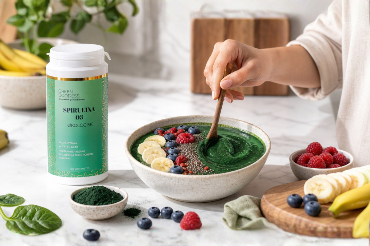 Green Goddess Spirulina 03 �KO 200g emballage pr�senteret p� shoppen.