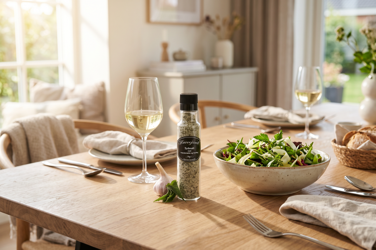 Stilren glaskv�rn fra H�rvejssalt indeholdende 100g sydesalt med br�nden�lde og hvidl�g, st�ende ved siden af et friskt hvidl�g og gr�nne blade.