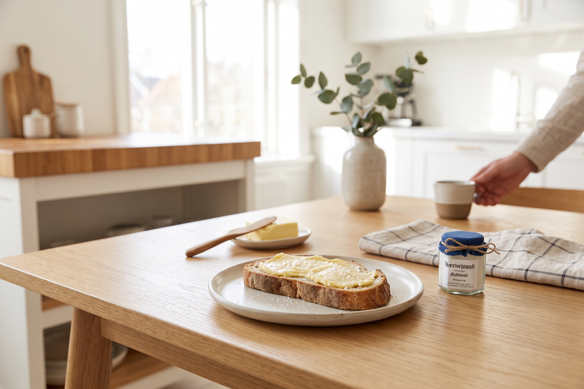 H�rvejssalt Ren Hvid Sydesalt i glaskrukke med bl�t stofl�g