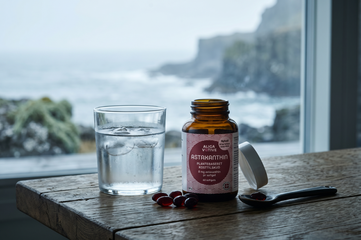 Et ekstremt n�rbillede af skinnende, dybr�de veganske softgels, der ligger p� a m�rk og rustik stenoverflade badet i dramatisk, k�ligt lys.