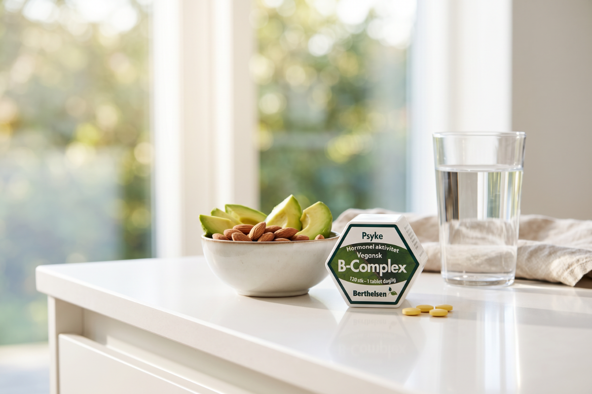 Berthelsen B-Complex 120 tabletter vegansk kosttilskud i hvid b�tte med m�rkebl� etiket
