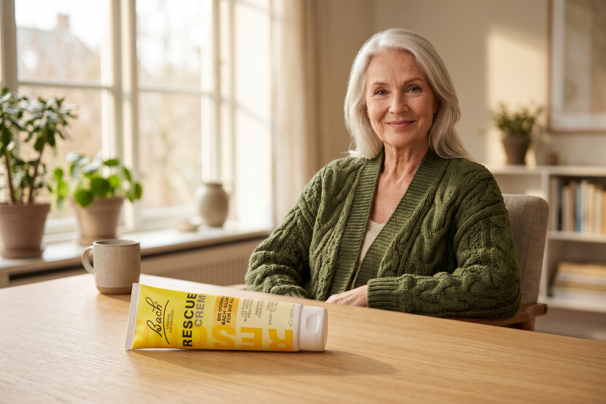 Den store, markante solgule tube med Bach Rescue Cream. Etiketten b�rer Dr. Bachs originale signatur og angiver tydeligt indholdet p� 150 ml. Det genkendelige, autentiske design signalerer engelsk tradition.