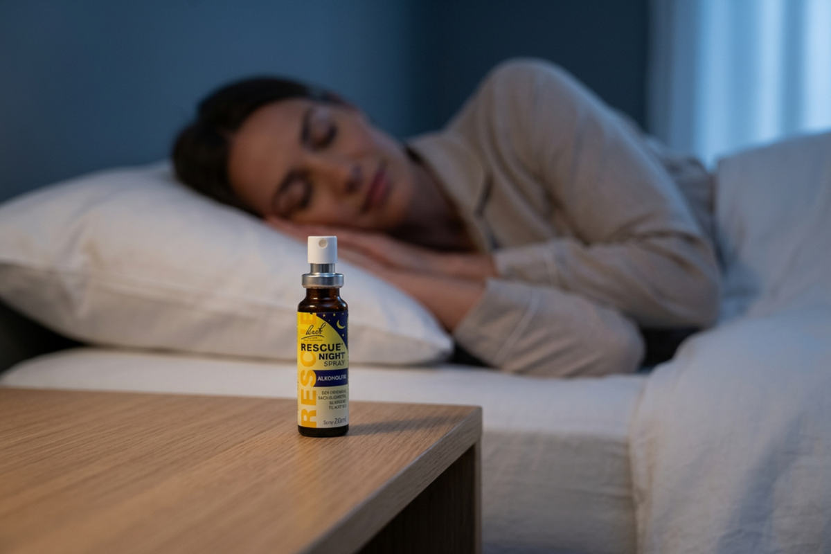 Den klassiske m�rkebrune glasflaske fra Bach Original Flower Remedies, her med den m�rkebl� og gule etiket med stjerner, der signalerer RESCUE NIGHT. Flasken indeholder 20 ml og har en praktisk, hvid spray-pumpe (atomizer) i toppen.