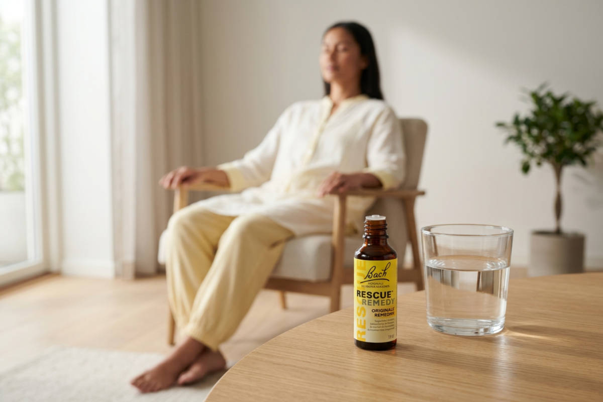 Den klassiske m�rkebrune glasflaske fra Bach Original Flower Remedies ved siden af den ikoniske gule �ske med navnet RESCUE REMEDY. Flasken er forsynet med en indbygget glaspipette med et genkendeligt lyser�dt gummihoved p� toppen.