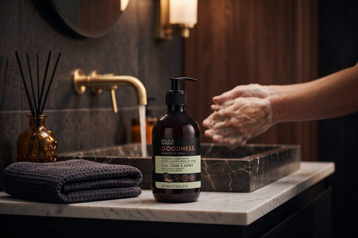 Opretst�ende Baylis & Harding Goodness h�nds�be i en m�rk pumpeflaske med en lysegr�n og sort etiket, der b�rer teksten Oud, Cedar & Amber.