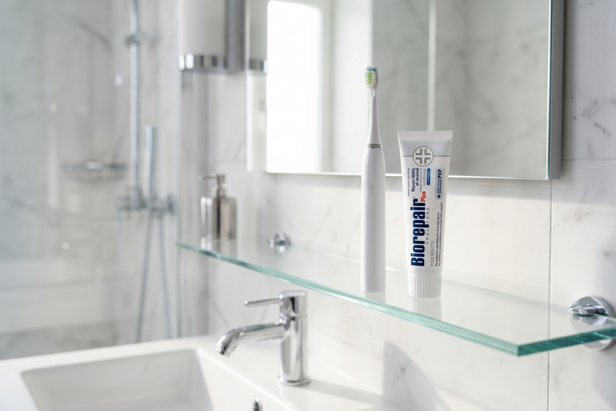 En hvid og m�rkebl� �ske med Biorepair Plus Pro White tandpasta. Emballagen fremh�ver, at det er medicinsk udstyr, og at den indeholder microRepair og PVP Anti-Stain Technology til beskyttelse og hvidere t�nder.