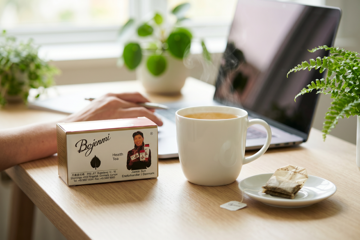 En rektangul�r �ske med hvid og r�d farve, der b�rer navnet 'Bojenmi Health Tea'. P� �sken ses et fotografi af en smilende asiatisk kvinde samt teksten 'Pre-Jet'.