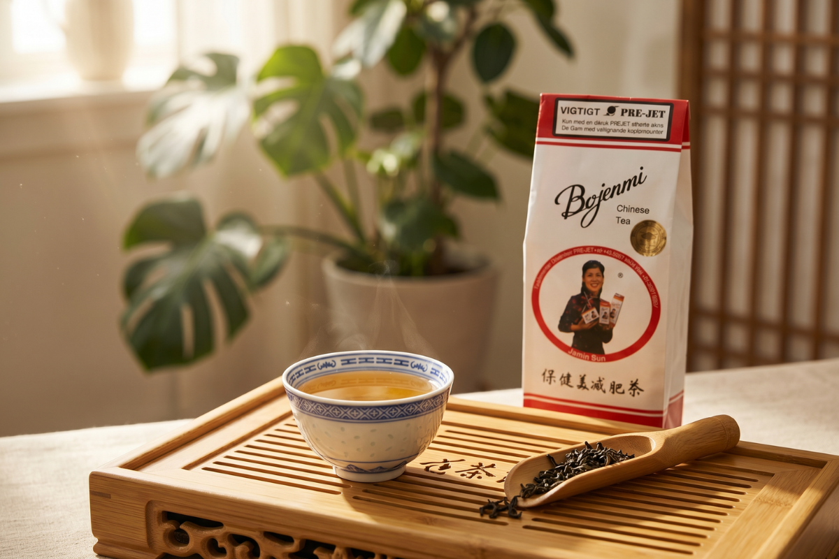 Den klassiske hvide og r�de pose med Bojenmi Chinese Tea. Posen b�rer m�rket 'Pre-Jet' og har et billede af en kinesisk kvinde og autentiske kinesiske tegn.