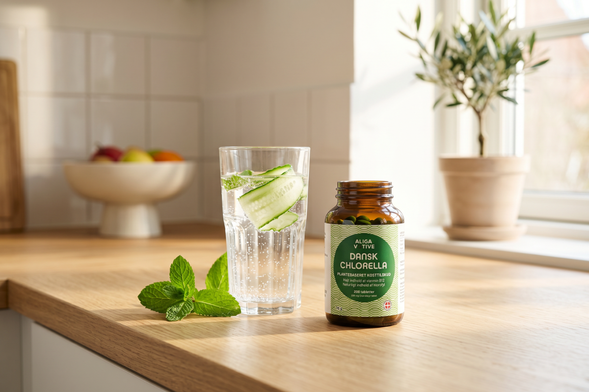 Et utroligt t�t n�rbillede af m�rkegr�nne, rene chlorella tabletter der ligger og reflekterer lyset p� et glat, hvidt marmorbord.