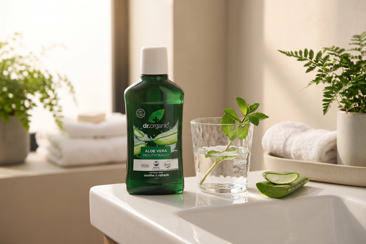 En moderne m�rkegr�n flaske med Dr. Organic Aloe Vera Mundskyl. Etiketten viser friske aloe vera stykker i plaskende, krystalklart vand og fremh�ver, at den er vegansk, naturlig og 0% alkohol.