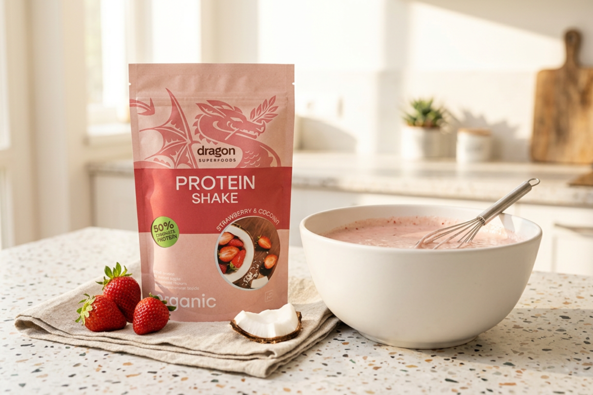 Dragon Protein shake jordb�r og kokos �ko 450g �kologisk plantebaseret proteinpulver