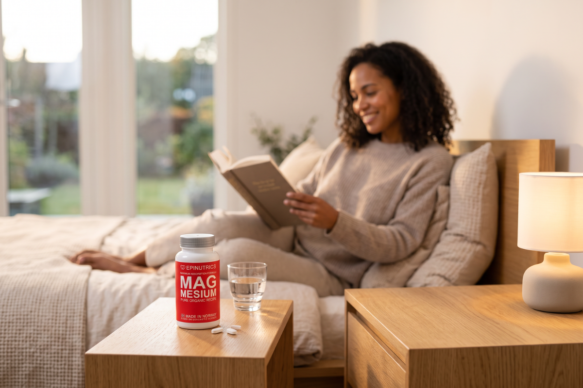 Epinutrics Magnesium 60 stk. En hvid d�se med en skarp r�d etiket og s�lvl�g, akkompagneret af friske spirer og urter.