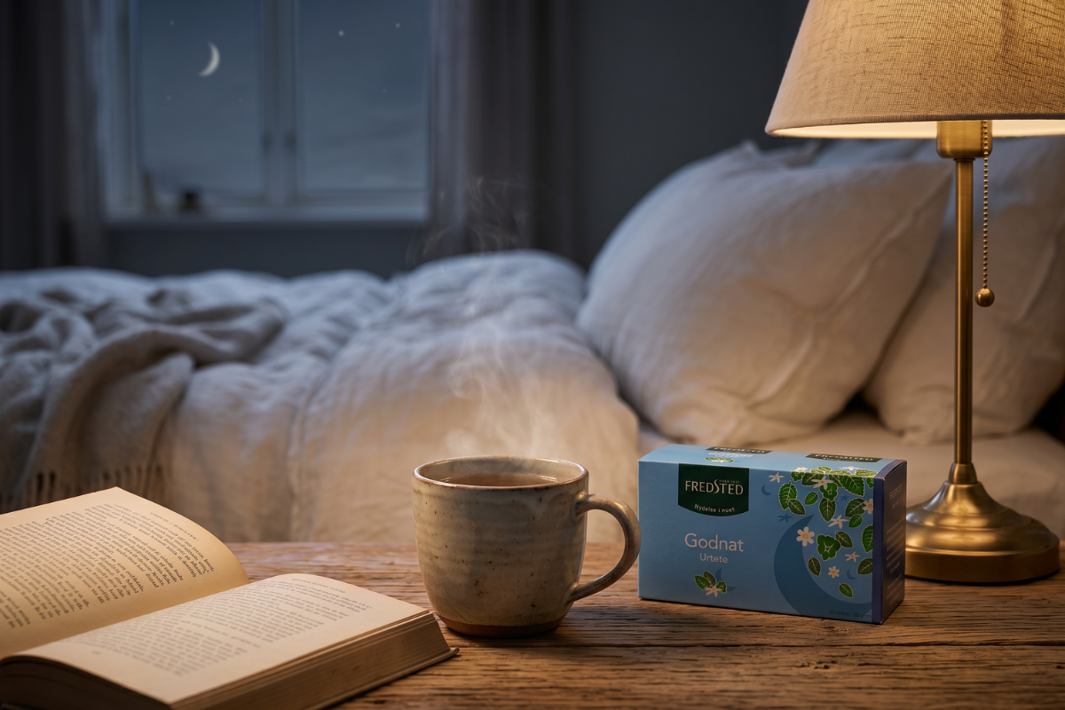 Den klassiske bl� �ske fra Fredsted te med navnet 'Godnat Urtete'. �sken har motiver af sm� hvide blomster, gr�nne blade, en nym�ne og stjerner.