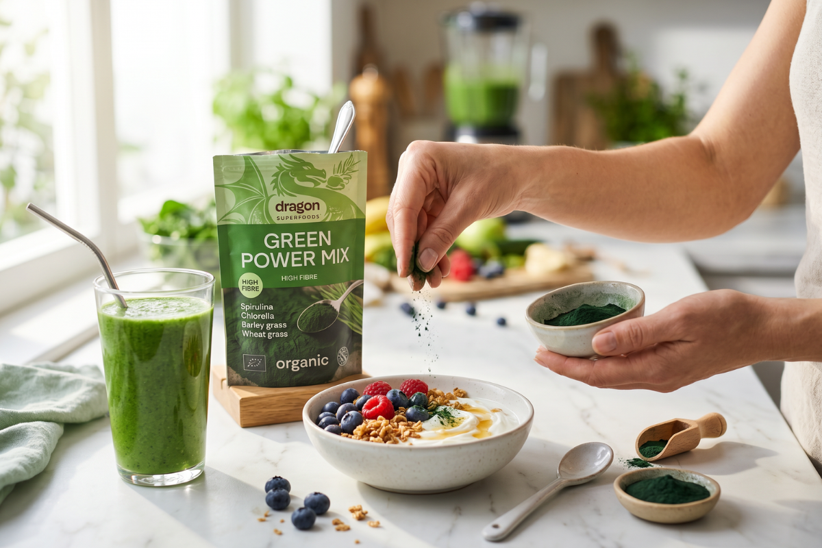 N�rbillede af et fyldigt, m�rkegr�nt plantepulver af spirulina, chlorella og hvedegr�s anrettet smukt i en h�ndlavet keramikske p� en rustik tr�baggrund.