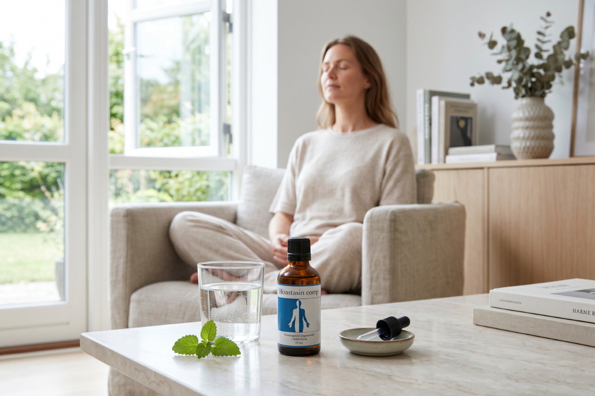 Holistica Medica Hoastasin comp 50 ml i m�rkebrun glasflaske med dr�bet�ller.