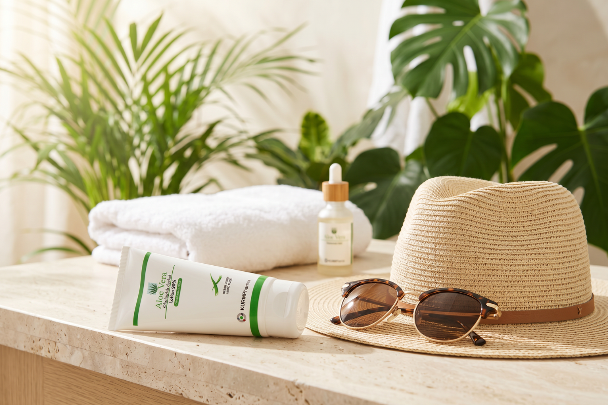 En hvid tube med KurmPharma Aloe Vera Lotion 90%. Tuben har rene, gr�nne detaljer og fremh�ver, at den indeholder organisk inderfilet juice og er parfume-fri.