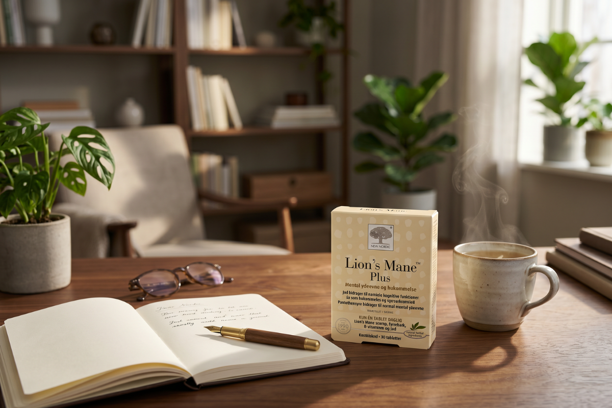 Den lyse, naturfarvede �ske fra New Nordic med teksten Lion's Mane Plus. Emballagen fremh�ver svampen, fyrrebarken og jod til mental ydeevne og hukommelse.