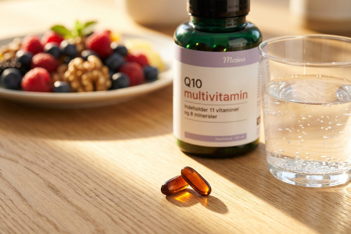 Mezina Q10 Multivitamin 120 kapsler i gr�n d�se med lilla etiket