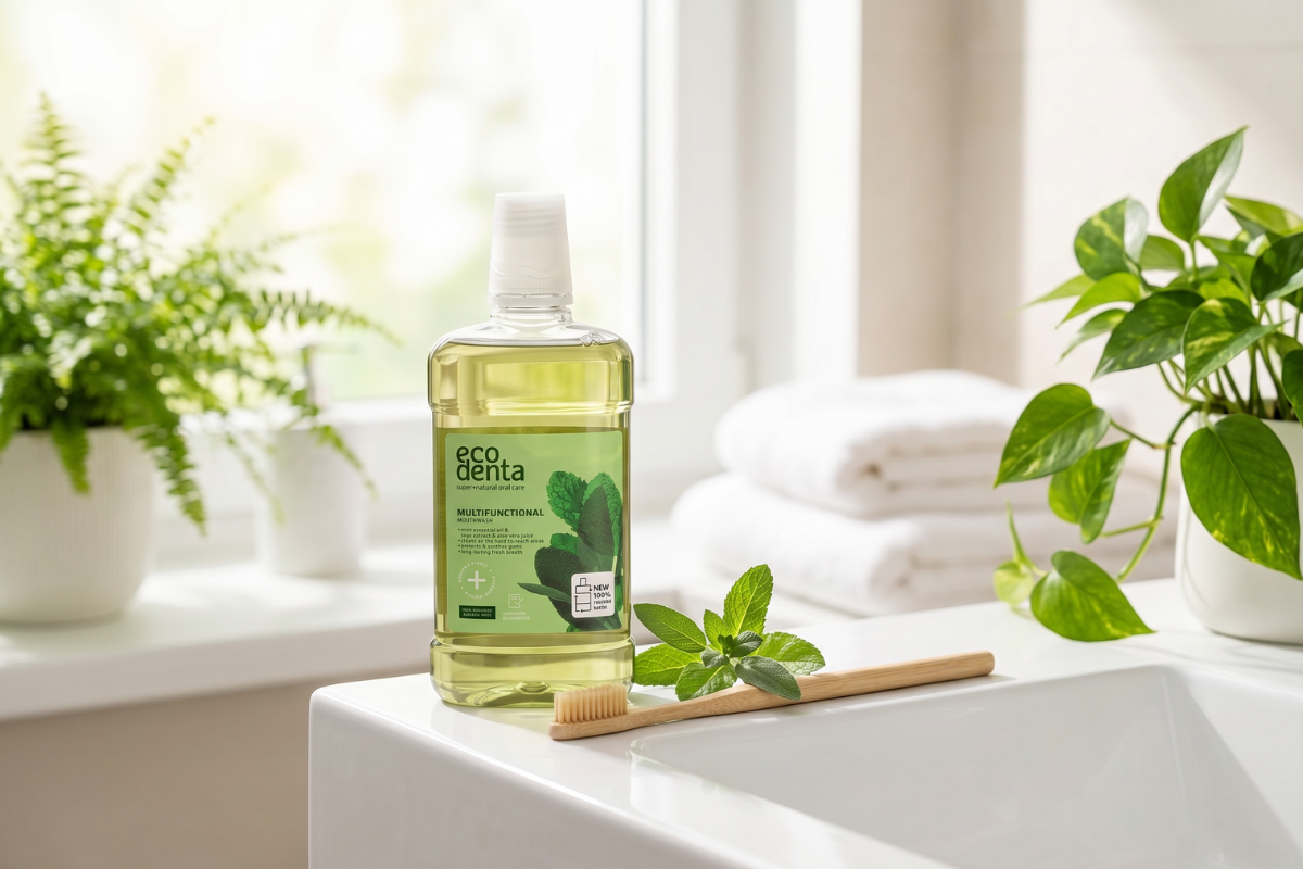 En stor gennemsigtig flaske med EcoDenta Multifunctional Mundskyl. V�sken er lys mintgr�n, og etiketten viser friske, gr�nne mynteblade og salvie. Flasken har en smart indbygget v�skedispenser i toppen.