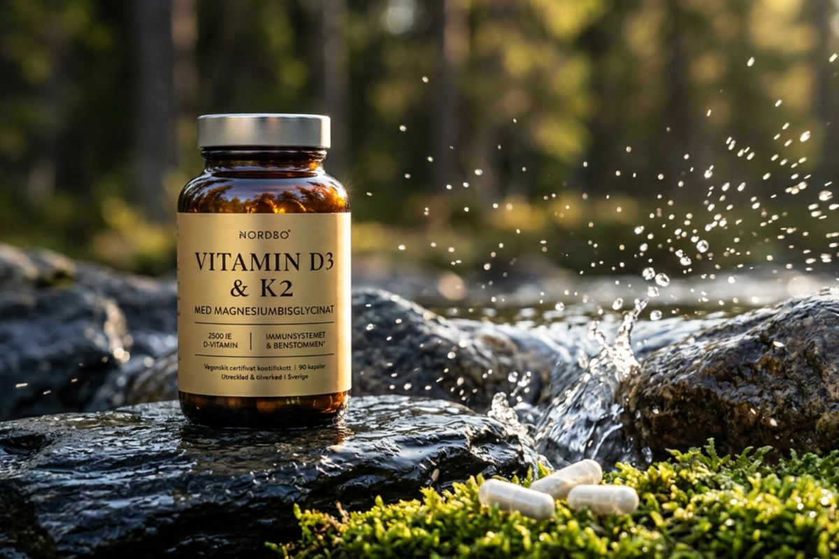 Nordbo Vitamin D3 og K2 med magnesiumbisglycinat 90 veganske kapsler i m�rk krukke med guld etiket