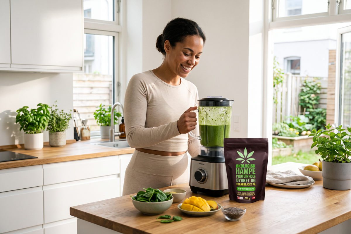 Nyborggaard �kologisk Hampeprotein 43%, 200g i brun pose med gr�nt hampeblad og dansk flag.
