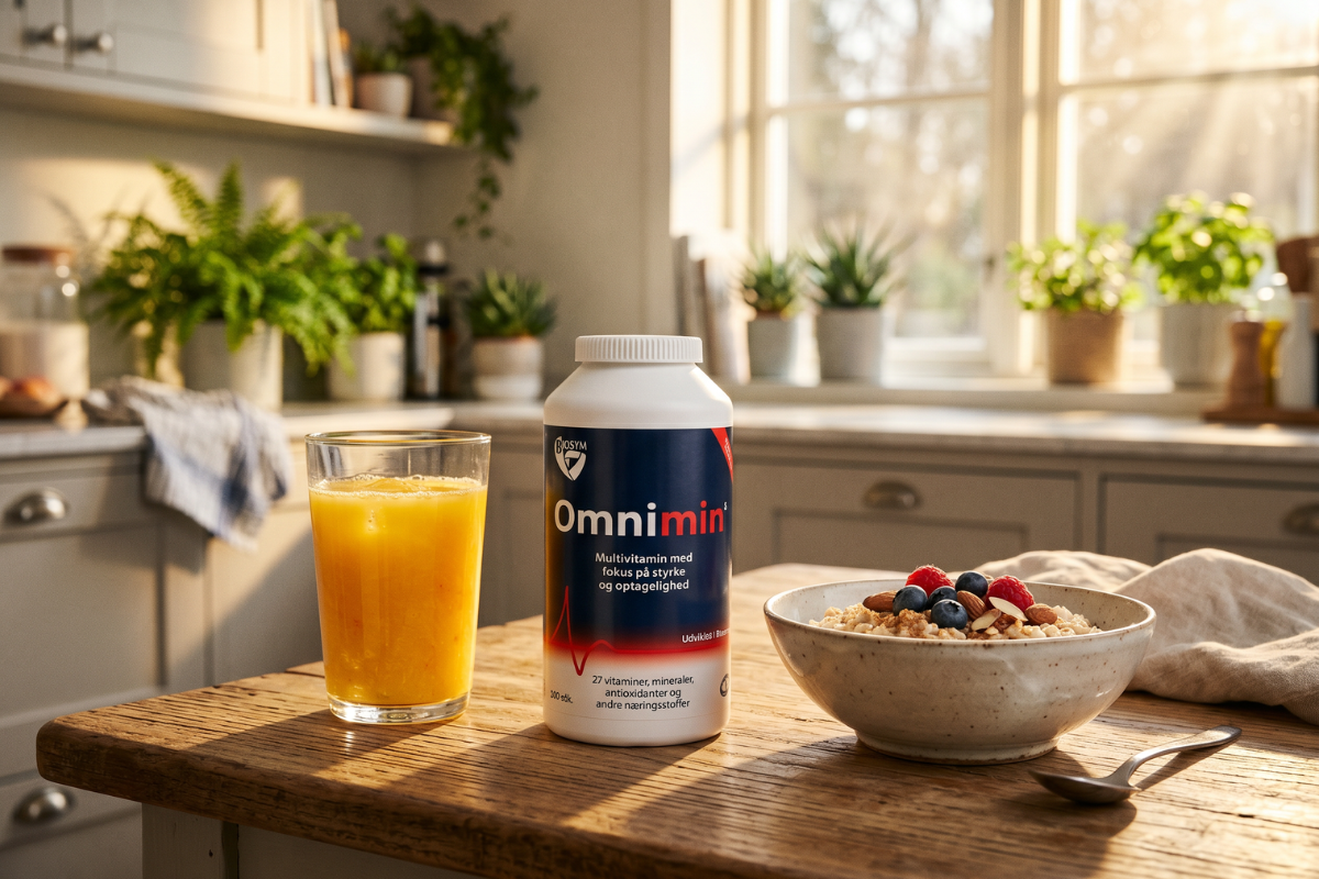 Den klassiske store, hvide og m�rkebl� b�tte fra Biosym med 300 stk. Omnimin multivitamin-tabletter. P� forsiden ses en r�d pulslinje, der understreger fokus p� styrke, h�j optagelighed og fysisk overskud.