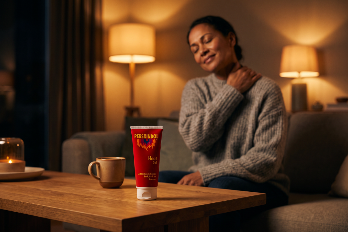 Opretst�ende Perskindol Heat Gel 100 ml. En knaldr�d tube med gul tekst og et ikon af en varmende flamme i midten, med den tilh�rende r�de �ske i baggrunden.