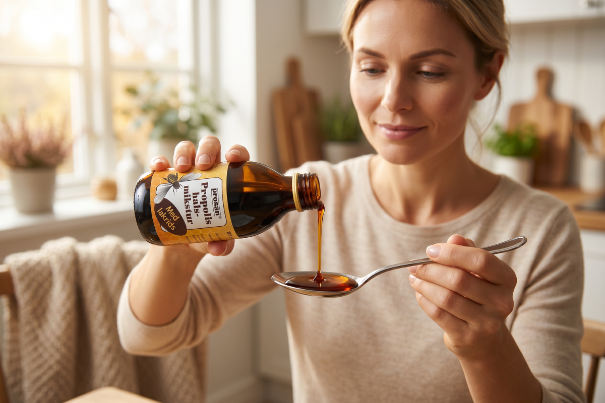 Prosan Propolis halsmikstur 200 ml m�rk glasflaske med gul etiket og billede af en bi