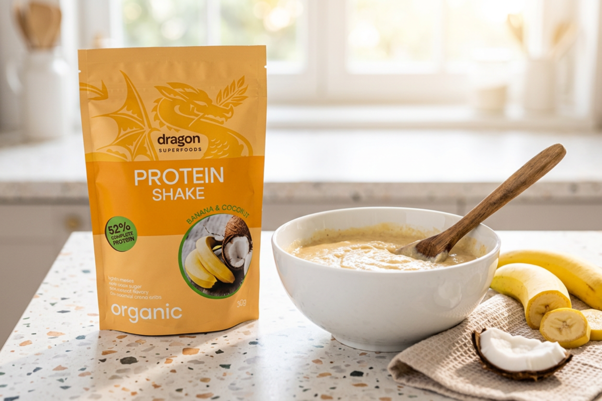 Dragon Protein shake banan og kokosn�d �KO 450 gr �kologisk plantebaseret proteinpulver