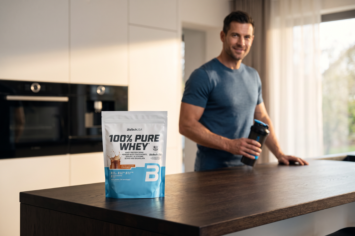 En hvid og lysebl� pose med BioTechUSA 100% Pure Whey. Posen er m�rket med 'Salted Caramel Flavoured' og indeholder 400 g proteinpulver.