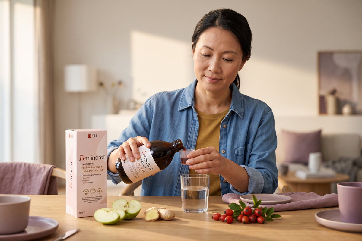 Kvinde afm�ler SHI Femineral 500 ml ved morgenbord