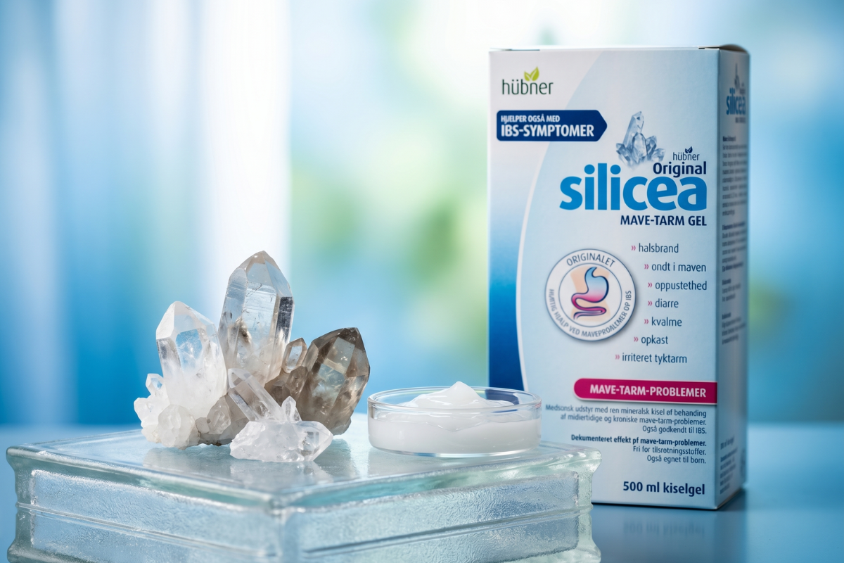 H�bner Silicea Mave-Tarm Gel 500 ml flaske til behandling af halsbrand, oppustethed og IBS