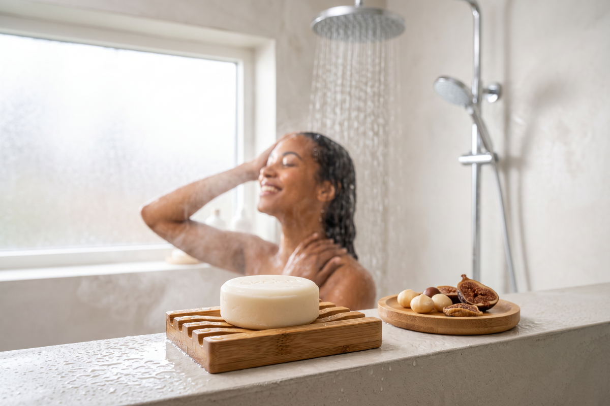 Skoon Shampoo & Conditioner solid bar. Gr� og dyb lilla �ske med tekst, der fremh�ver 2-i-1 funktionen, macadamiaolie og figenekstrakt.